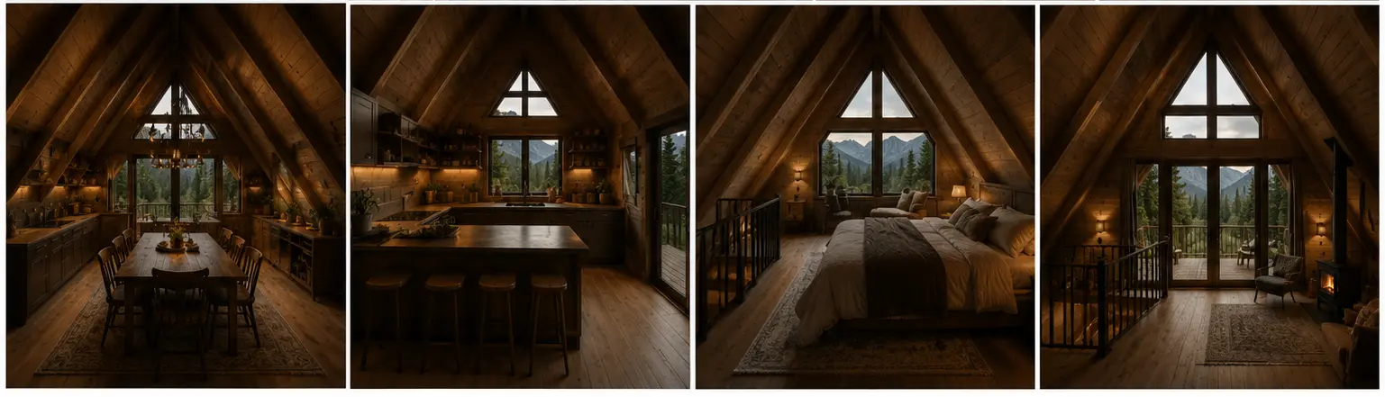 Mountain A-Frame Cabin Exterior & Interior Views
